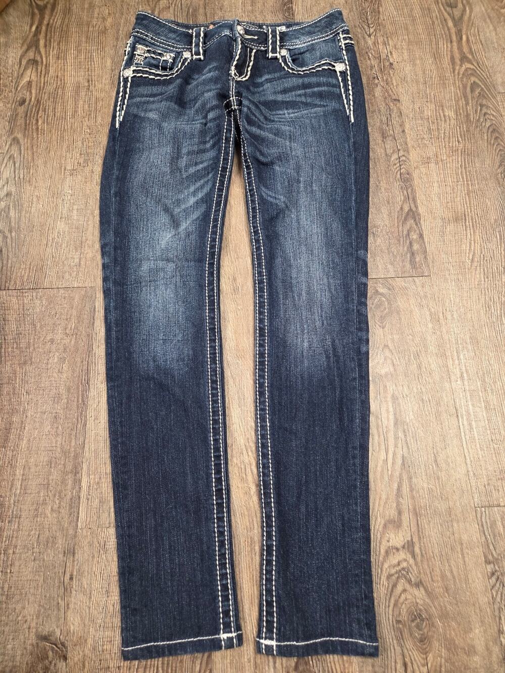Miss Me Jeans 25 Dark Wash Low Rise Skinny Rhinestone Flap Pockets